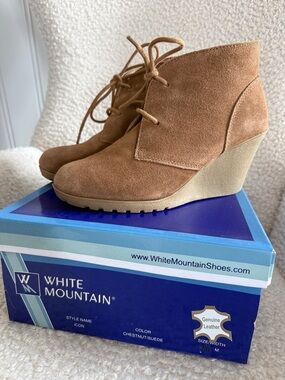 White Mountain Chestnut Suede Lace-Up Wedge Booties